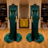 Dark Green Beadings Pearl Long Sleeves Evening Gowns Mermaid Prom Dress With Slit-Ballbella