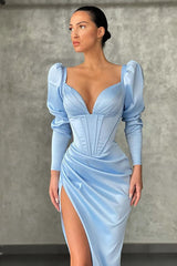 Dark green Bubble sleeves High-split Mermaid Prom Dress-Ballbella