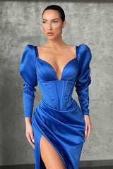 Dark green Bubble sleeves High-split Mermaid Prom Dress-Ballbella