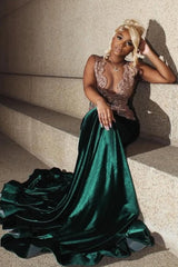 Dark Green Champange Beaded V-neck Sleeveless Long Prom Dresses-Ballbella