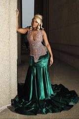 Dark Green Champange Beaded V-neck Sleeveless Long Prom Dresses-Ballbella