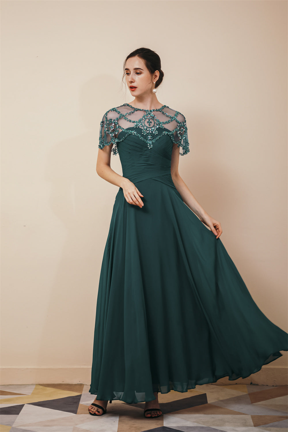 Dark Green Chiffon Sparkle Beaded Evening Dress with Cape, Dark Green / US2 Dark Green Chiffon Sparkle Beaded Evening Dress with Cape, Dark Green / US2