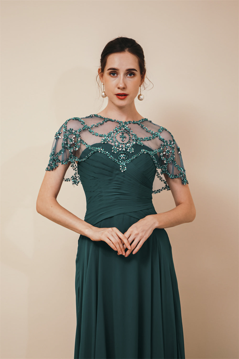 Dark Green Chiffon Sparkle Beaded Evening Dress with Cape, Dark Green / US2 Dark Green Chiffon Sparkle Beaded Evening Dress with Cape, Dark Green / US2