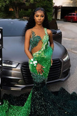 Dark Green Emerald Green Mermaid Hot See through Keyhole Prom Dresses-Ballbella