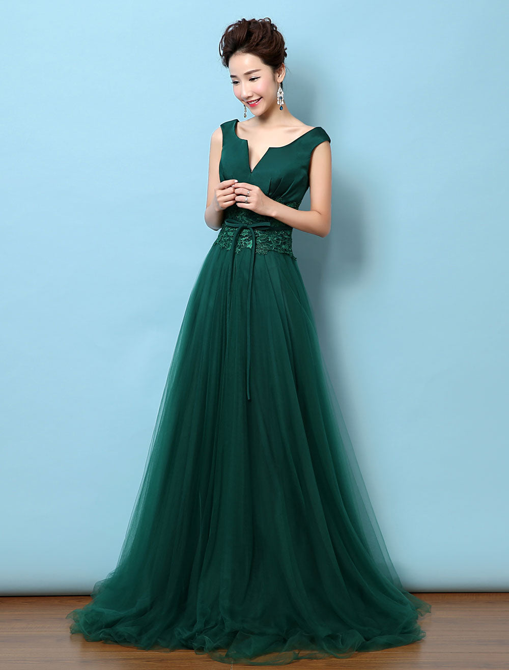 Dark Green Notched Neckline Tulle Evening Dress Backless Mother's Dress Dark Green Notched Neckline Tulle Evening Dress Backless Mother's Dress