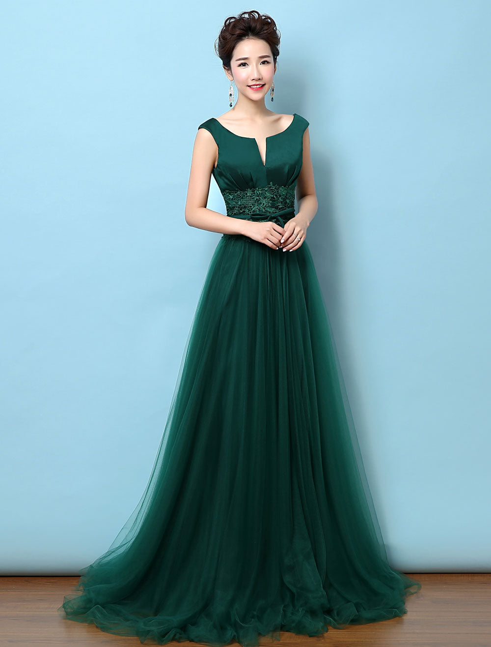 Dark Green Notched Neckline Tulle Evening Dress Backless Mother's Dress Dark Green Notched Neckline Tulle Evening Dress Backless Mother's Dress