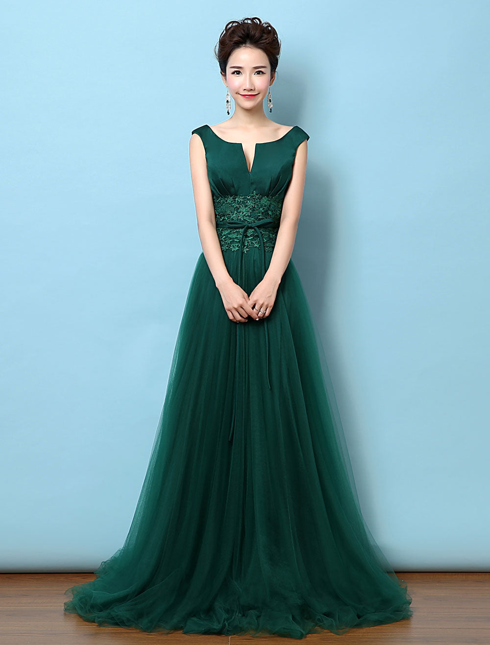 Dark Green Notched Neckline Tulle Evening Dress Backless Mother's Dress Dark Green Notched Neckline Tulle Evening Dress Backless Mother's Dress