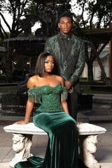 Dark Green Off the shoulder Sequined Mermaid Long Prom Dresses-Ballbella