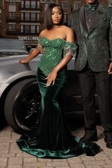 Dark Green Off the shoulder Sequined Mermaid Long Prom Dresses-Ballbella
