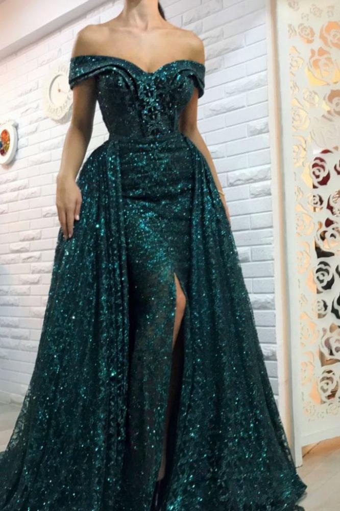 Dark Green Off-the-Shoulder Sparkle Long Evening Dresses Sheath Chic H Ballbella Dark Green Off-the-Shoulder Sparkle Long Evening Dresses Sheath Chic H Ballbella