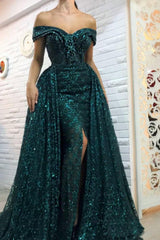 Dark Green Off-the-Shoulder Sparkle Long Evening Dresses Sheath Chic High Split Overskirt Prom Dresses-Ballbella