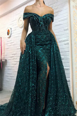 Dark Green Off-the-Shoulder Sparkle Long Evening Dresses Sheath Chic High Split Overskirt Prom Dresses-Ballbella