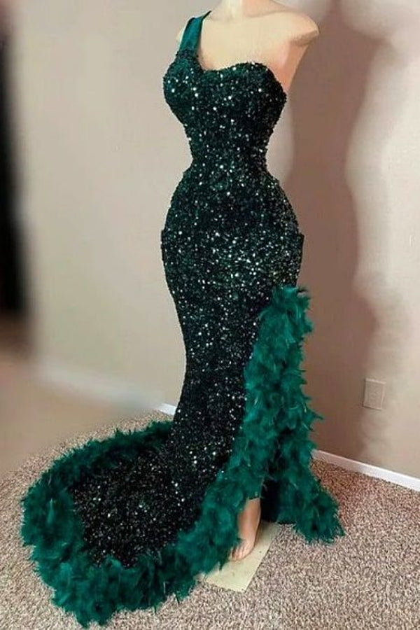 Dark Green One shoulder Split Ruffles High Split Prom Dresses Ballbella Dark Green One shoulder Split Ruffles High Split Prom Dresses Ballbella