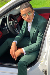 Dark Green Peaked Lapel 3-Piece Prom Suit with Flaps-Ballbella