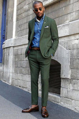 Dark Green Peaked Lapel Slim Fit Bespoke Men Suits-Ballbella
