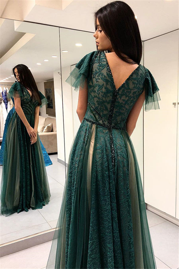 Dark Green Princess Short Sleeves Long Prom Dresses V-Neck Lace Evenin Ballbella Dark Green Princess Short Sleeves Long Prom Dresses V-Neck Lace Evenin Ballbella