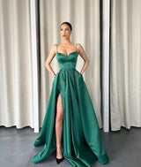 Dark Green Spaghetti-Strapes Slit Evening Dress Long With Pockets-Ballbella