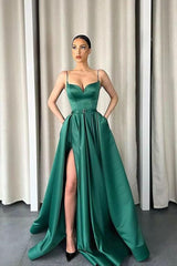 Dark Green Spaghetti-Strapes Slit Evening Dress Long With Pockets-Ballbella