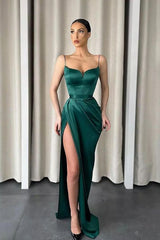 Dark Green Spaghetti-Straps Mermaid Prom Dress Long With Slit-Ballbella