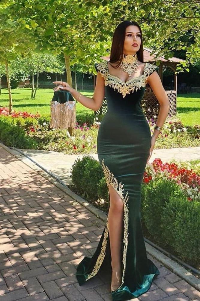 Dark Green Velvet Mermaid Evening Dress with Gold Lace appliques