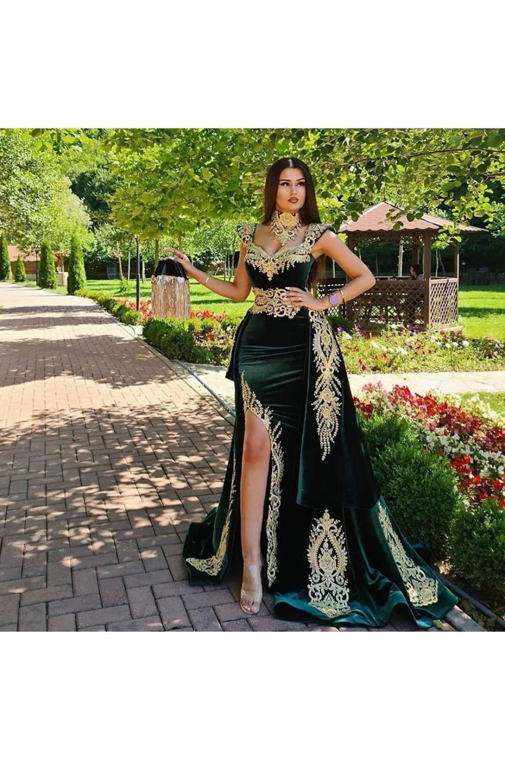 Dark Green Velvet Mermaid Evening Dress with Gold Lace Appliques Dark Green Velvet Mermaid Evening Dress with Gold Lace Appliques