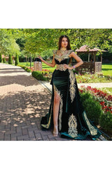 Dark Green Velvet Mermaid Evening Dress with Gold Lace appliques-Ballbella