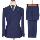 Dark Navy Bespoke Peaked Lapel Ruffles Men Suits-Ballbella
