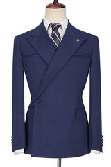 Dark Navy Bespoke Peaked Lapel Ruffles Men Suits-Ballbella