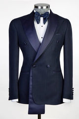 Dark Navy Double-Breasted Formal Suit with Satin Lapel-Ballbella