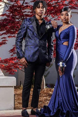 Dark Navy Jacquard Prom Suit with Black Peaked Lapel-Ballbella