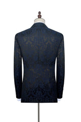 Dark Navy Jacquard Prom Suits Black Silk Peak Lapel Mens Suits for Weddings-Ballbella