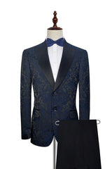 Dark Navy Jacquard Prom Suits Black Silk Peak Lapel Mens Suits for Weddings-Ballbella