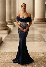 Dark Navy Mermaid Off-the-shoulder Floor length Silver Sparkle Prom Dresses-Ballbella