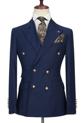 Dark Navy Peak Lapel Double Breasted Formal Men Suit for Prom-Ballbella
