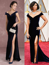 Dark Navy Slit Party Dress With Train Inspired By Taraji P. Henson-Ballbella