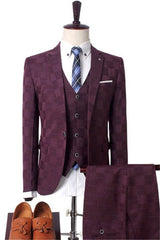 Dark Red Plaid Men's Business Suitss Men's Prom Suits with 3 Pieces-Ballbella