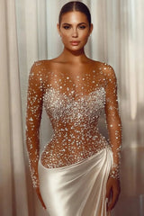 Dazzling Bateau Long Sleeves Satin Prom Dresses Beads Long With Ruffle Pleats-Ballbella