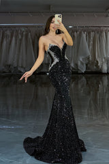 Dazzling Black Sleeveless Strapless V-Neck Prom Dress Mermaid Gem With Beads-Ballbella