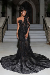 Dazzling Black V-Neck One Shoulder Long Sleeves Prom Dresses Gem Beads With Zipper Lace-Up Back-Ballbella