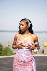 Dazzling Lilac Sweetheart Strapless Sleeveless Sequins Prom Dresses Mermaid Beads With High Split-Ballbella