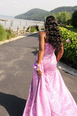 Dazzling Lilac Sweetheart Strapless Sleeveless Sequins Prom Dresses Mermaid Beads With High Split-Ballbella