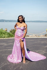 Dazzling Lilac Sweetheart Strapless Sleeveless Sequins Prom Dresses Mermaid Beads With High Split-Ballbella