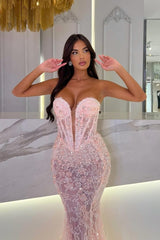 Dazzling Pink V-Neck Strapless Sleeveless Lace Prom Dresses Mermaid Sheath With Beads-Ballbella