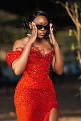 Dazzling Red Sweetheart One Shoulder Mermaid Prom Dresses High Split With Beads-Ballbella