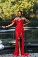 Dazzling Red Sweetheart One Shoulder Mermaid Prom Dresses High Split With Beads-Ballbella