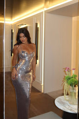 Dazzling Silver Spaghetti-Strap Sweetheart Sleeveless Prom Dresses Mermaid With Split-Ballbella