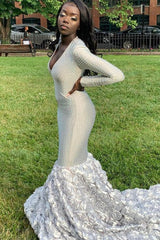 Dazzling Silver V-Neck Long Sleeves Mermaid Prom Dresses Column Gem With Flower-Ballbella