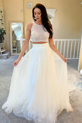 Dazzling Tulle Sleeveless A-Line Wedding Dresses Two Pieces Long With Sequins-Ballbella