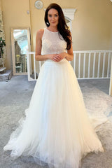 Dazzling Tulle Sleeveless A-Line Wedding Dresses Two Pieces Long With Sequins-Ballbella
