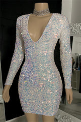 Dazzling V-Neck Long Sleeveless Mini Sequins Prom Dresses Sheath On Sale-Ballbella